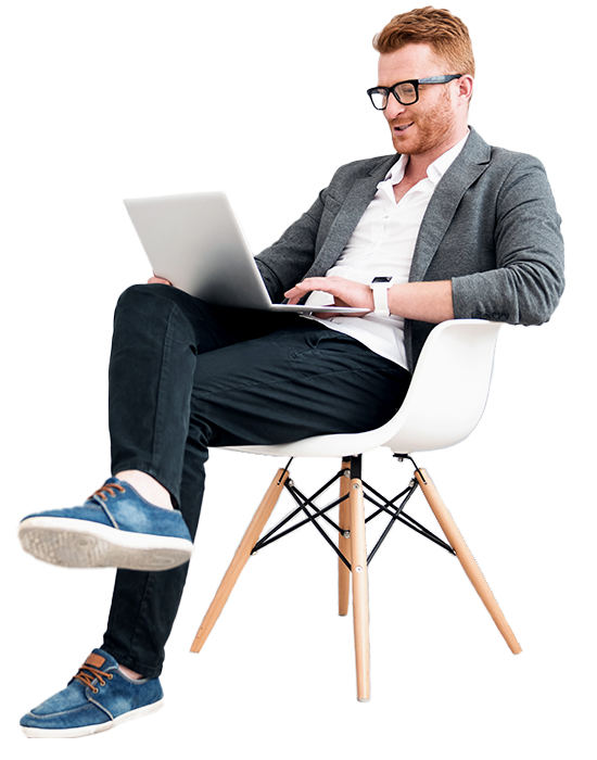A businessman is sitting with a laptop