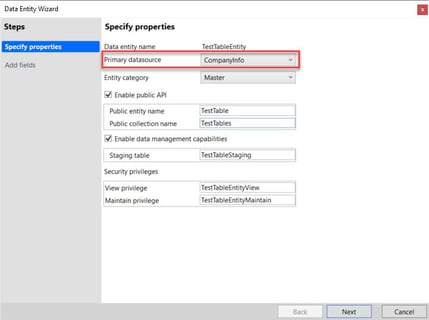In the Data Entity Wizard, select a table that has at least one unique index for the Primary datasource property.