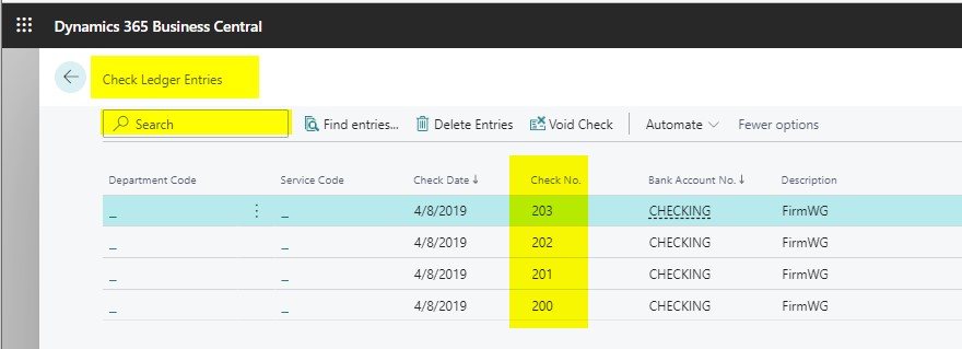 Screenshot of check ledger entries  - all checks from bank accounts.