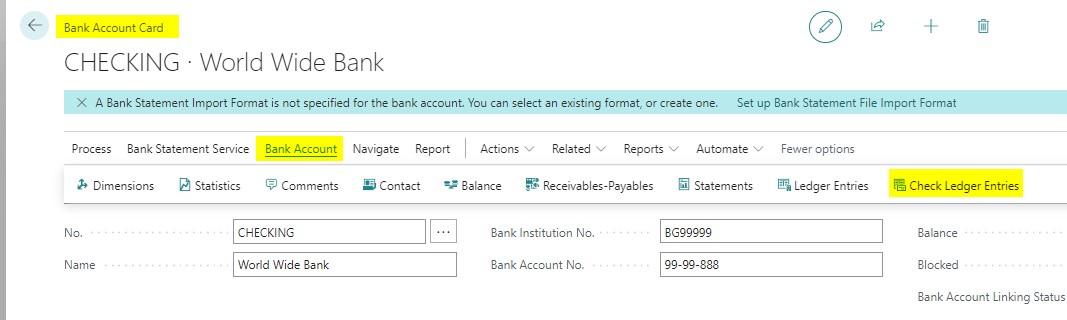 Screenshot of finding check to be voided using the Bank Account Card.