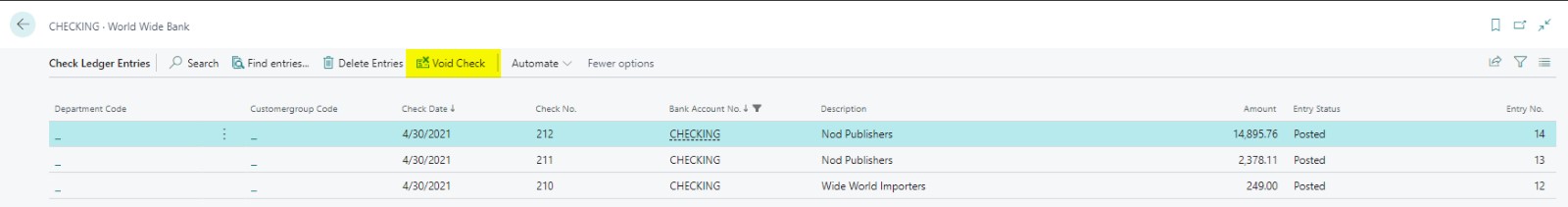 Filtered set of data by the bank account.