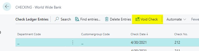 Screenshot of where to select Void Check to begin the process.