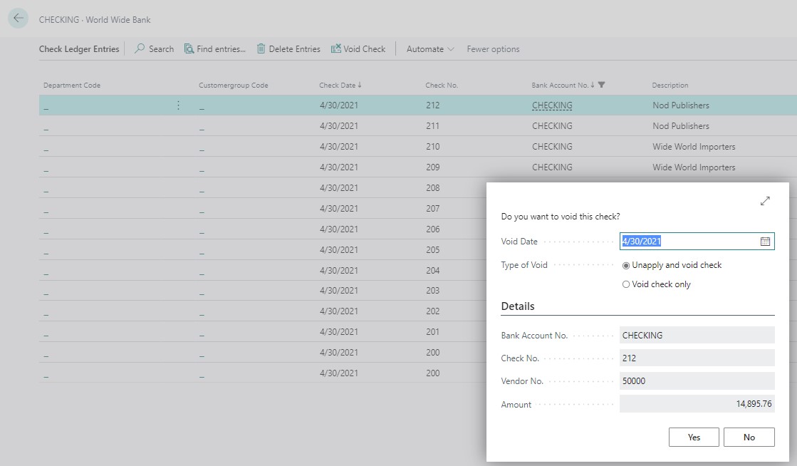 Screenshot of Microsoft Dynamics 365 Business Central prompting the user for void date and type of void.