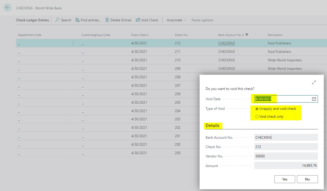 Screenshot of details to be confirmed before approving the voided check.
