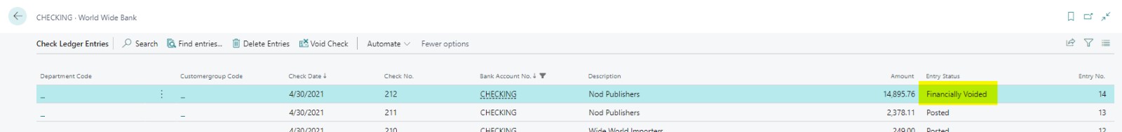 Screenshot of check successfully financially voided.
