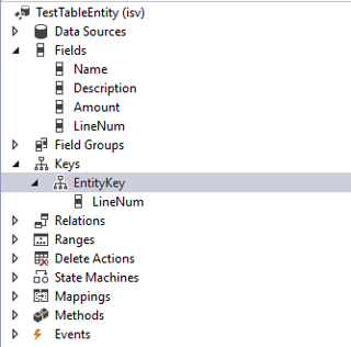 Screenshot demonstrating how adding LineNum to TestTable makes a difference and allows generating the data entity by standard means of Visual Studio for Dynamics 365.