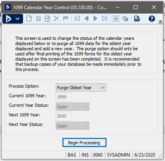 Purge the oldest year and set the current and next 1099 years - Dynamics SL